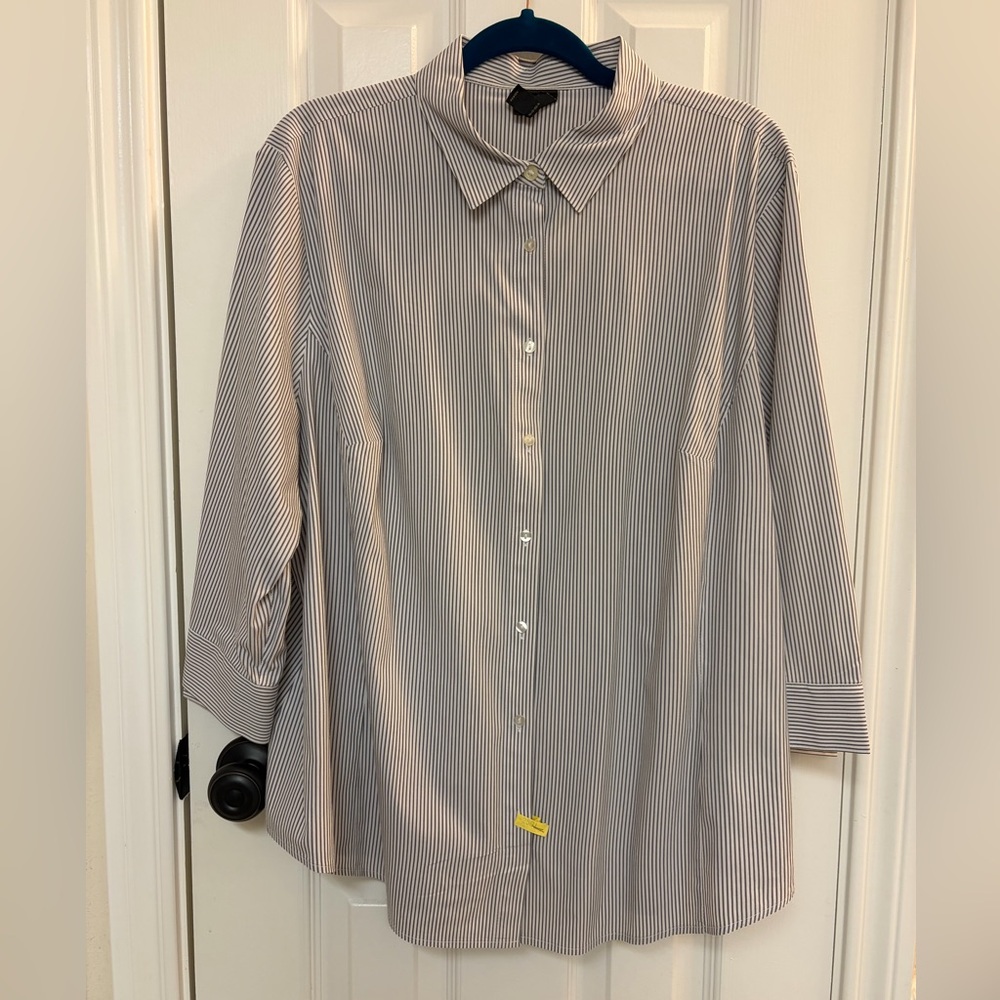 Worthington Women’s Grey and White Striped Button-Up Shirt 3/4 Sleeves